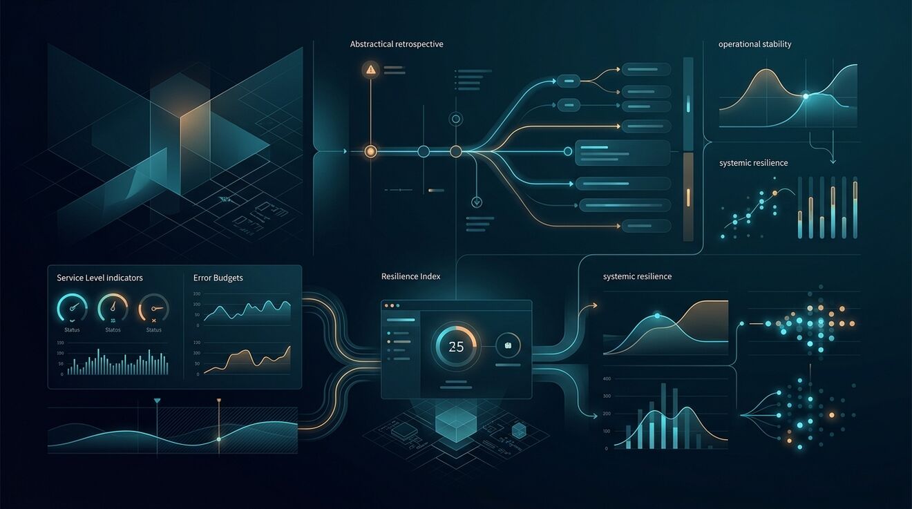 High-reliability engineering dashboard illustrating incident retrospectives and operational stability indicators