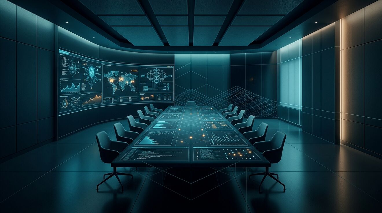 Corporate boardroom visualization analyzing White House cybersecurity executive orders and governance liability