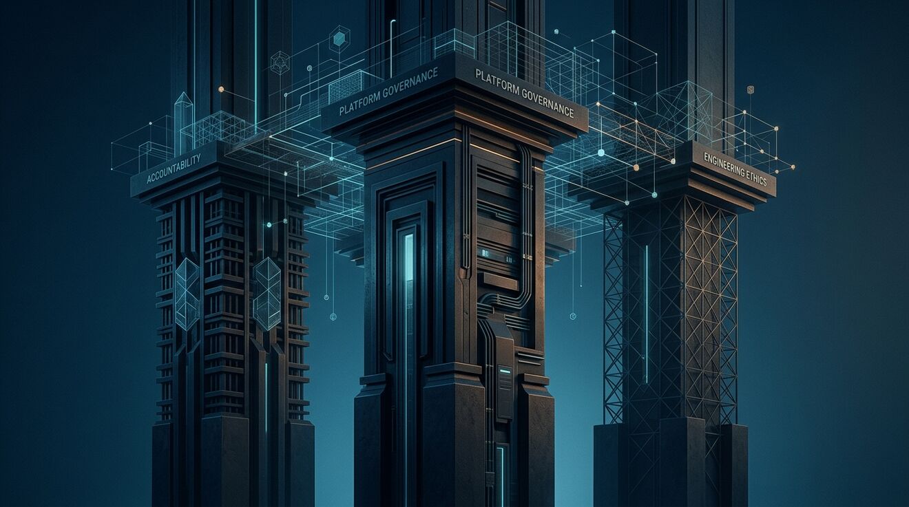 Futuristic digital frontier landscape depicting tech literacy, platform responsibility, and cyber awareness pillars