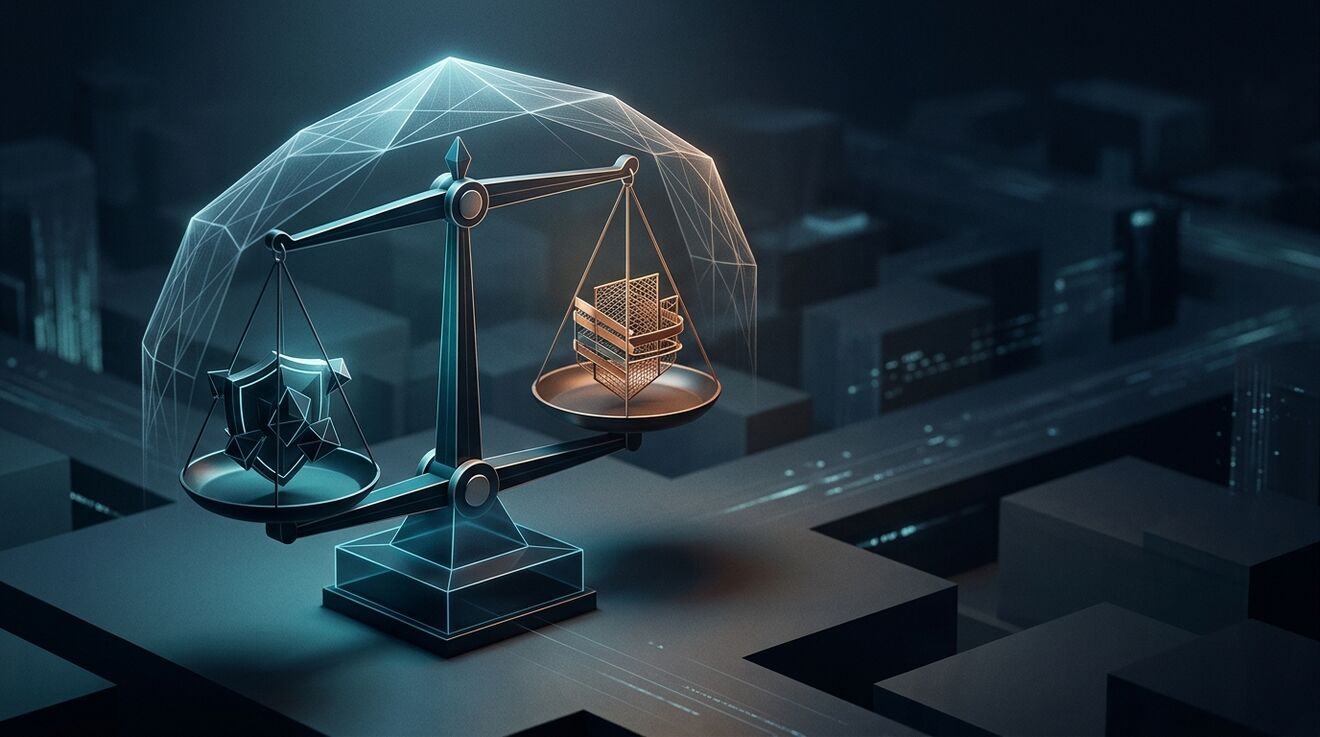 Legal scale balancing autonomous containment authority against corporate compliance and privacy guardrails