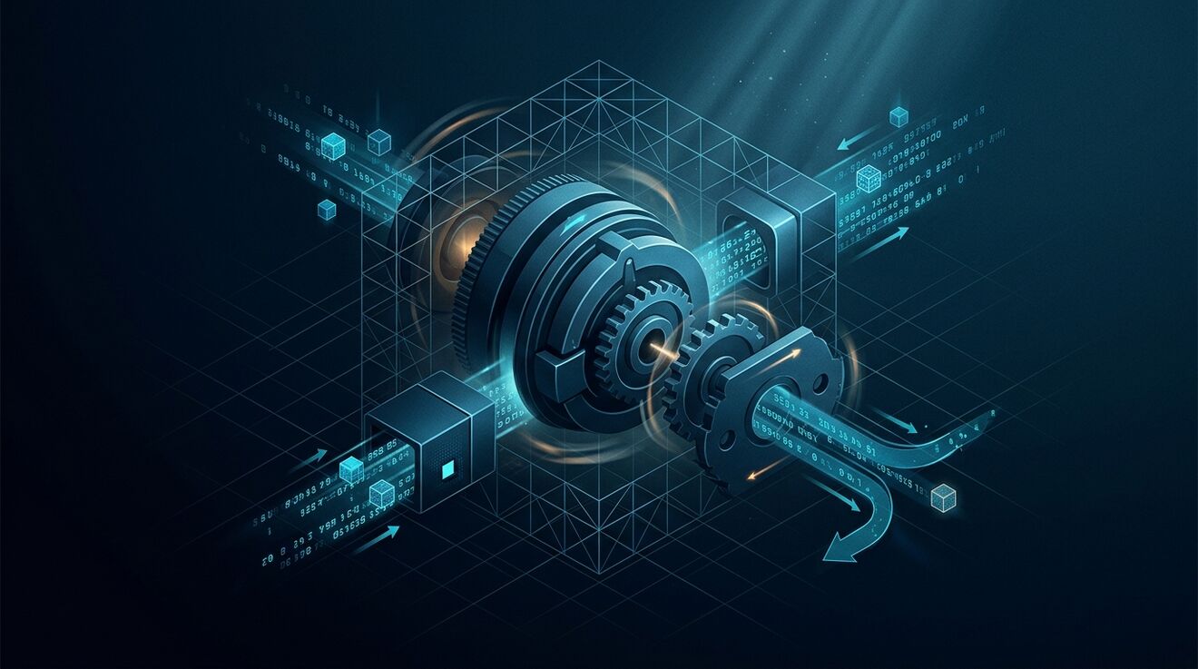 Mechanical physics-inspired interlocking gears representing deterministic constraint enforcement across multi-cloud