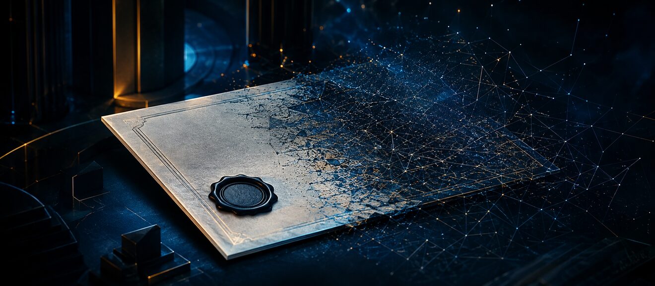 A sealed certificate whose text dissolves under inspection
