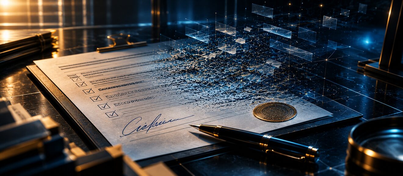 A signed review form over text that dissolves on closer reading